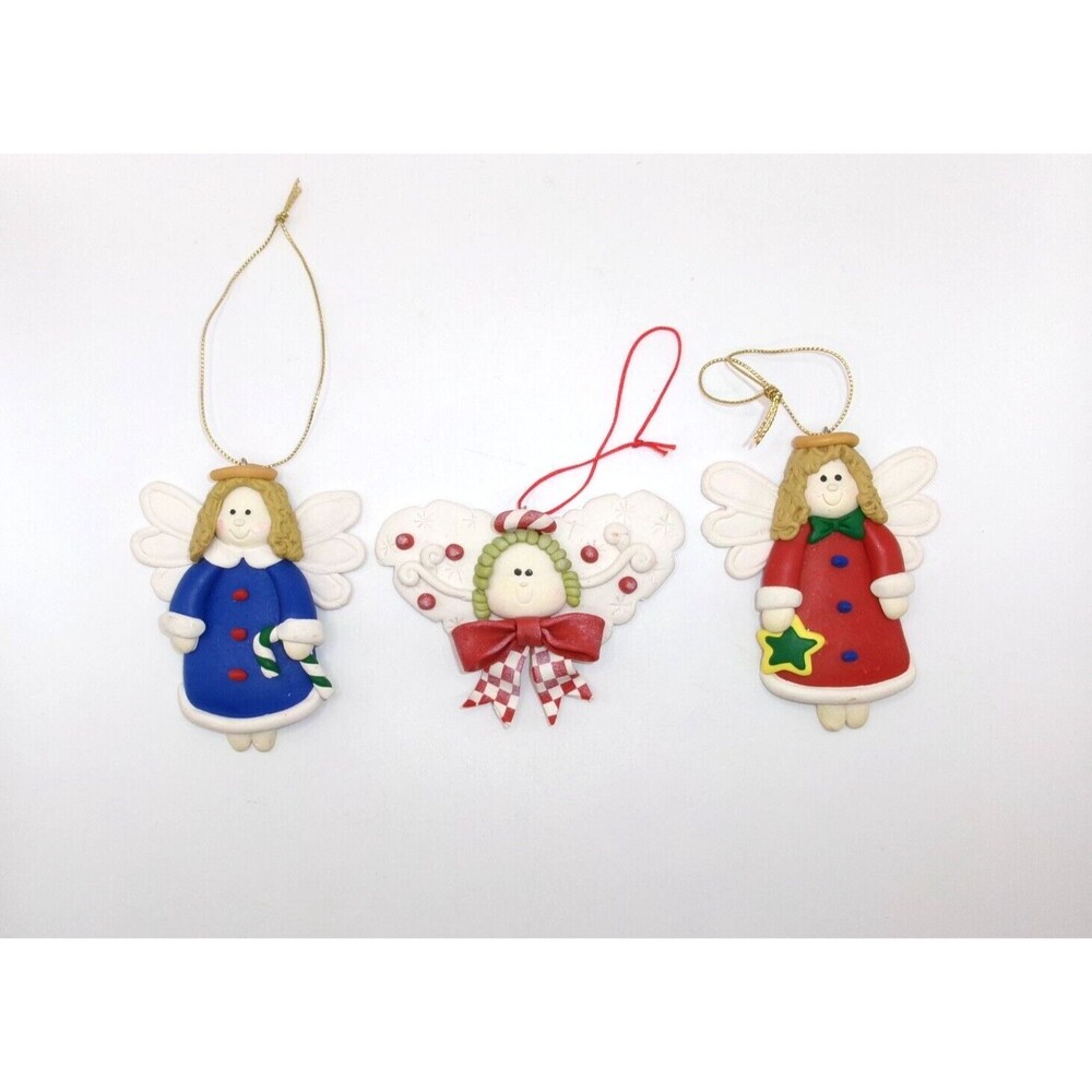 Vtg Plastic Clay Dough Angel Ornaments Country Christmas Red Blue Lot of 3